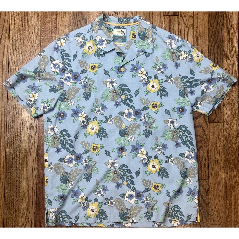 Tommy Bahama Island Modern Fit Silk Floral Hawaiian Button Up Camp Shirt Large